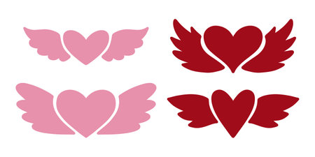 Heart with wings set decorative element. Romantic love icon. Vector illustration, isolated on white background. Valentines Day flying heart icon, Valentine's day pink and red cute hearts.のイラスト素材
