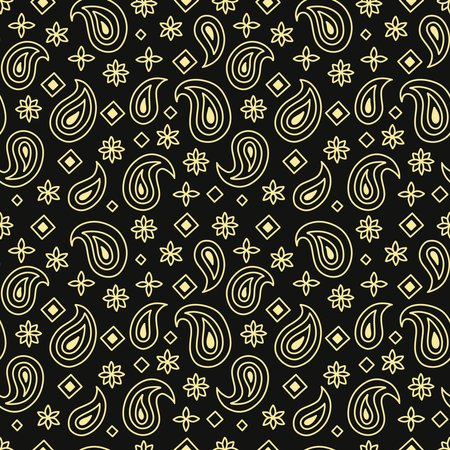 Seamless pattern with golden outlined paisley shapes, stylized flowers, and diamonds on black background. Elegant and stylish design for luxury textile, fabric, covers. Doodle paisley pattern.の写真素材
