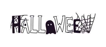 Original Halloween inscription. Purple vector lettering HALLOWEEN with ghost and spider webs for holiday greeting cards and posters. Hand drawn Halloween lettering in whimsical and spooky font.のイラスト素材