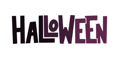 Hand drawn Halloween lettering in handmade whimsical and spooky font. Purple vector lettering HALLOWEEN for holiday greeting cards, posters, and designs. Original Halloween inscription.のイラスト素材
