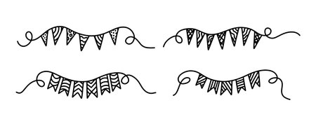 Doodle bunting flags set. For festive design, decor, baby decorations. Set hand drawn cute pennants party flags. Festive garland decorative elements for different holidays, parties, for Birthday.のイラスト素材