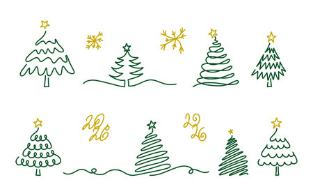 Minimalist line art outline of Christmas tree with stars and snowflakes decorations. Simple and elegant vector element for holiday cards and New Year seasonal designs. 2026 handwritten number.のイラスト素材