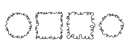 Set whimsical frames defined by squiggle lines. Hand drawn doodle vector elements for notes, photos, and decorative design projects. Square and round hand drawn line frames for wedding invitations.のイラスト素材