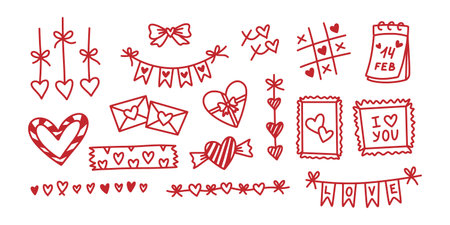 Big set of red Valentine's Day doodles including hearts, candy, envelopes, calendar, and banners. Cute hand-drawn romantic symbols for festive design. Valentine's Day hand drawn elements.のイラスト素材