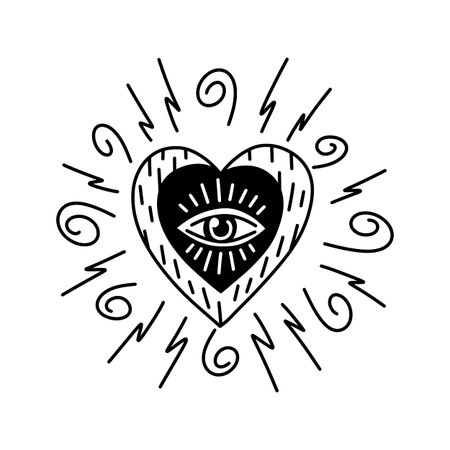 Heart shaped evil eye talisman with rays, swirls, and lightning elements. Mystical hand-drawn symbol, isolated on white background, for protection, spirituality, and esoteric designs.のイラスト素材
