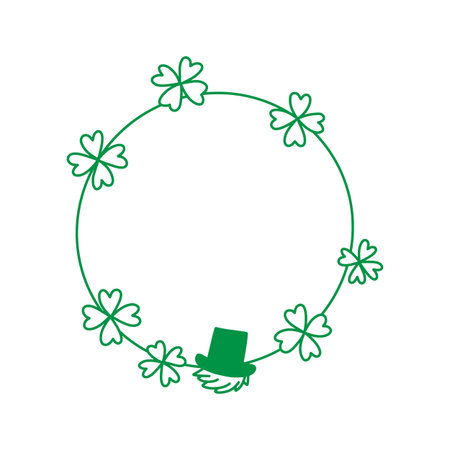 St. Patrick's Day round frame with green shamrocks and leprechaun hat. Circular border for Irish holiday greetings, invitations, and spring festive designs. Hand drawn outline Irish frame.のイラスト素材