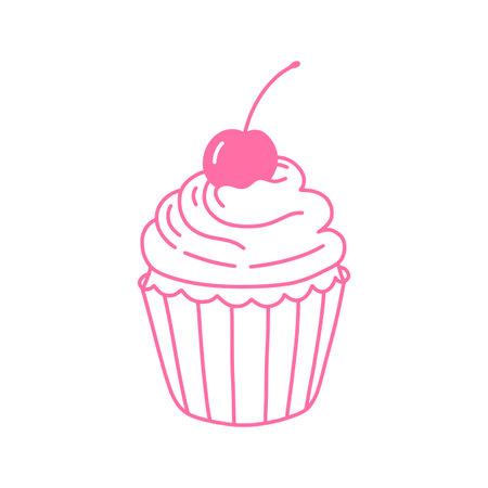 Sweet cupcake with frosting and cherry on top, pink line art doodle. Vector illustration for bakery,...