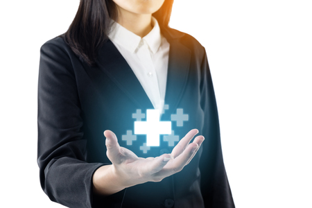 business young woman wearing black suit standing hand show plus sign, offer positive thing, represent benefits results of positive thinking towards corporate social responsibility.の写真素材