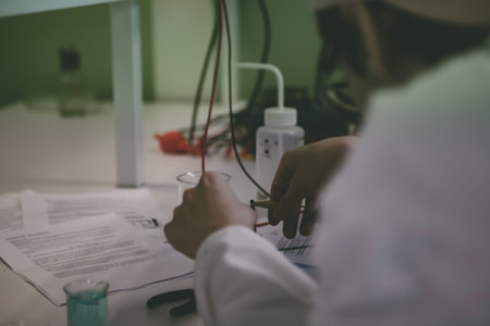 A scientist works in a labrotory showing lab reports and a beaker