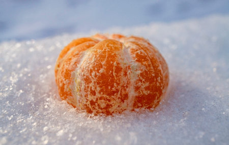 Peeled ripe tangerine close-up lying on fluffy snow. Christmas or New Year concept