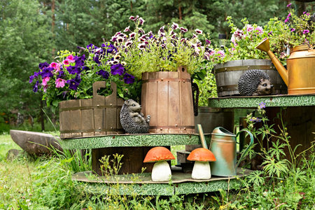 Hand made garden composition of wooden flower pots with petunias, ceramic figurines of hedgehogs and mushrooms, watering cans eco design conceptの写真素材