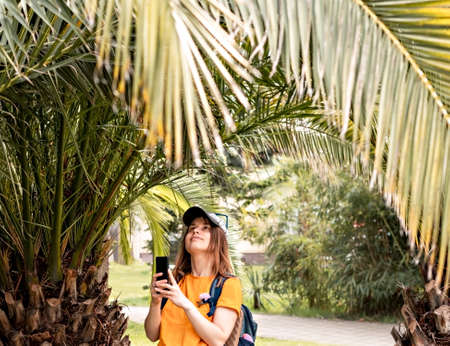 young smiling woman tourist in cap yellow t-shirt with backpack taking photo on smartphone of tropical plant palm tree cicas in botanical park travel using modern technologyの写真素材
