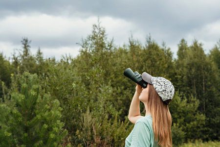 Young blonde woman bird watcher in cap and blue t-shirt looking through binoculars at cloudy sky in...