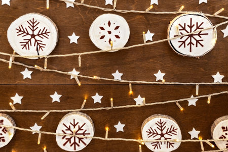Christmas greeting card Festive decoration on wooden background New Year concept. Copy space