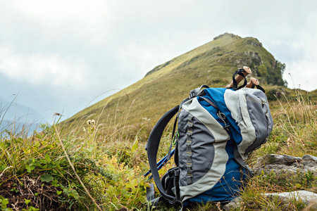 Large gray blue hiking backpack, trekking poles among green plants on the background of a mountain...