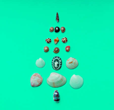 Christmas background with a Christmas tree made of seashells on green mint background with copy space. Tropical Christmas and New Year concept. Minimalism. Travel and vacation conceptの写真素材