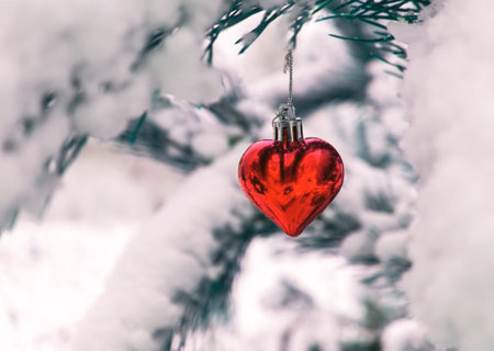 Christmas background with Christmas tree toy red heart on snow covered pine branch in winter forest...