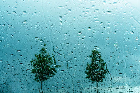Car glass in drops and trickles of rain against dark blue sky and trees abstract background copy space rainy weather selective focusの写真素材