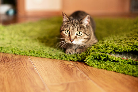 Striped tabby beige cat with green eyes lying on a green carpet and getting ready to jump in the home room cute pets animals selective focusの写真素材