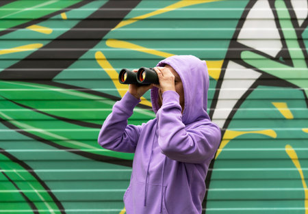 Young woman in lilac purple sweatshirt in hood looking through binoculars on an abstract green modern backgroundの写真素材