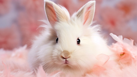 cute fluffy white easter bunny rabbit among spring pink blooming flowers Holiday greeting card generative aiの素材