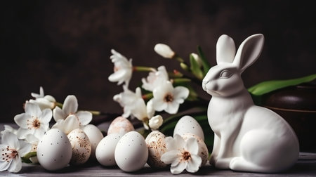 Easter composition with figurine of rabbit bunny and painted eggs with spring blossoming cherry flowers on dark background in modern style generative AIの素材
