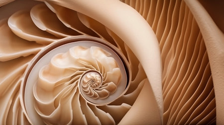 Spiral seashell closeup in beige shades Abstract background poster design element selective focusの素材