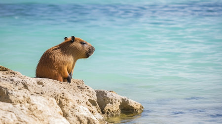 cute capybara resting on rocky shore of sea or river animals theme Hydrochoerus hydrochaeris generative AIの素材