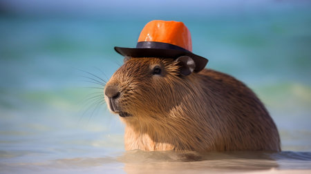 cute capybara in orange hat resting on shore of sea or river animals theme Hydrochoerus hydrochaeris generative AIの素材