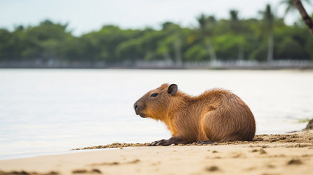 cute capybara resting on shore of sea or river animals theme Hydrochoerus hydrochaeris generative AIの素材