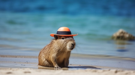 cute capybara in orange hat resting on shore of sea or river animals theme Hydrochoerus hydrochaeris generative AIの素材