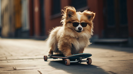 Cool red ginger fluffy dog in sunglasses riding a skateboard down the street funny pets generative AIの素材