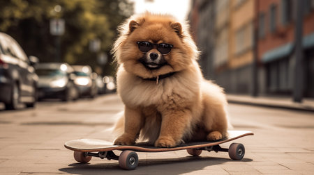 Cool red ginger fluffy dog in sunglasses riding a skateboard down the street funny pets generative AIの素材