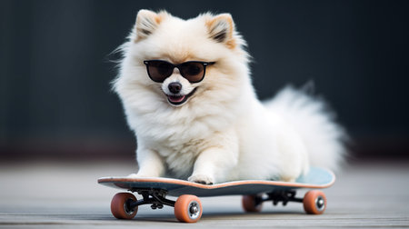 Cool white dog pomeranian spitz in sunglasses riding a skateboard down the street funny pets generative AIの素材