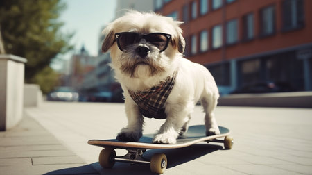 Cool white bearded fluffy dog in sunglasses riding a skateboard down the street funny pets generative AIの素材