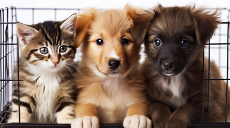 two mixed breed puppies and tabby kitten sitting in cage in shelter pet adoption concept generative AIの素材