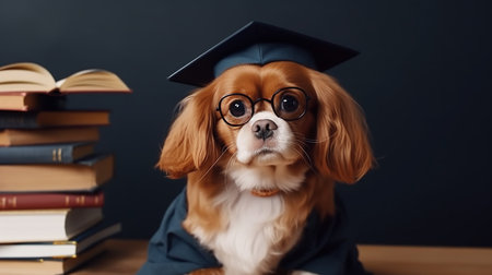 Cute small ginger white dog Cavalier King Charles Spaniel student in glasses and an academic cap Mortarboard next to books Study and education concept generative AIの素材