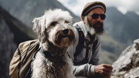 Man hiking in fluffy bearded gray dog in mountains in autumn pet adoption traveling with dog generative aiの素材