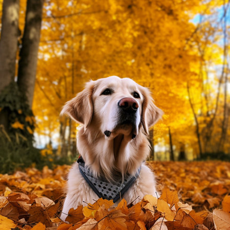 portrait of cute Golden labrador retriever sitting among the autumn leaves in the park walking dog generative aiの素材