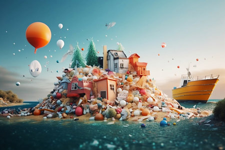 Heavy plastic waste pollution on small island with houses in the middle of the ocean Ecological disaster generative aiの素材