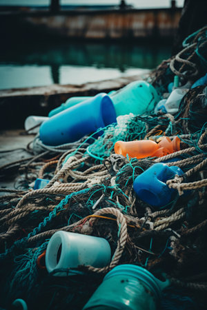 Plastic waste tangled in fishing nets close up Pollution of sea or ocean Ecological disaster animal extinction generative aiの素材