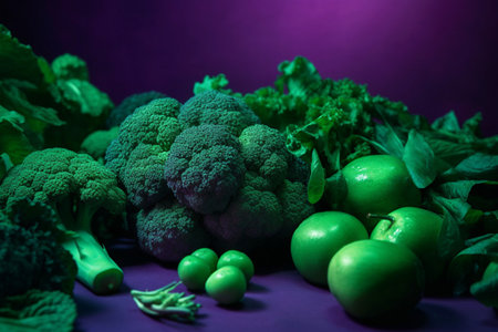 Green vegetables on purple background broccoli and leaf lettuce plant bazed vegan diet healthy lifestyle generative aiの素材