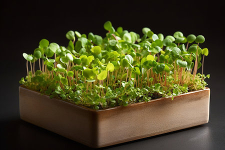 sprouts of microgreens im wooden tray on dark background healthy plant bazed vegan diet generative aiの素材
