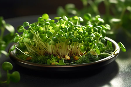 sprouts of microgreens growing in ceramic plate on dark background healthy plant bazed vegan diet generative aiの素材