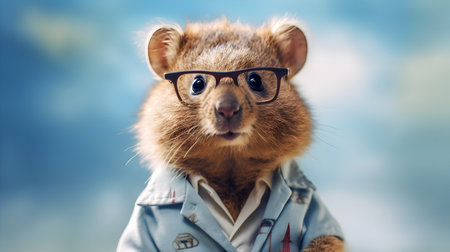 Cute red ginger hamster in glasses and lab coat against blue background Little rodent professor Funny education and study conceptの素材