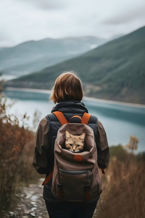 woman with red backpack hiking with ginger cat in mountains by river in fall Tourism and travel with pets concept copy spaceの素材
