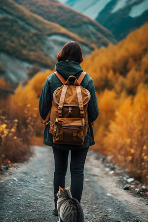 woman with backpack hiking on rock with gray striped cat and looking at view of mountains Tourism and travel with pets conceptの素材