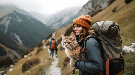young woman in hat with big backpack hiking with ginger cat in mountains in fall Tourism and travel with pets conceptの素材