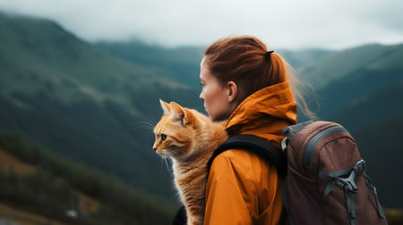 young woman with backpack hiking with ginger cat in mountains in fall Tourism and travel with pets conceptの素材