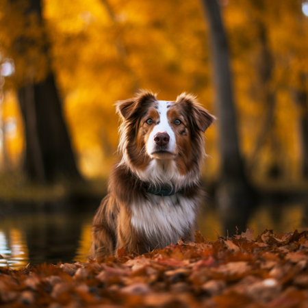red border collie dog among red fall leaves in autumn colors in the park walking dogの素材